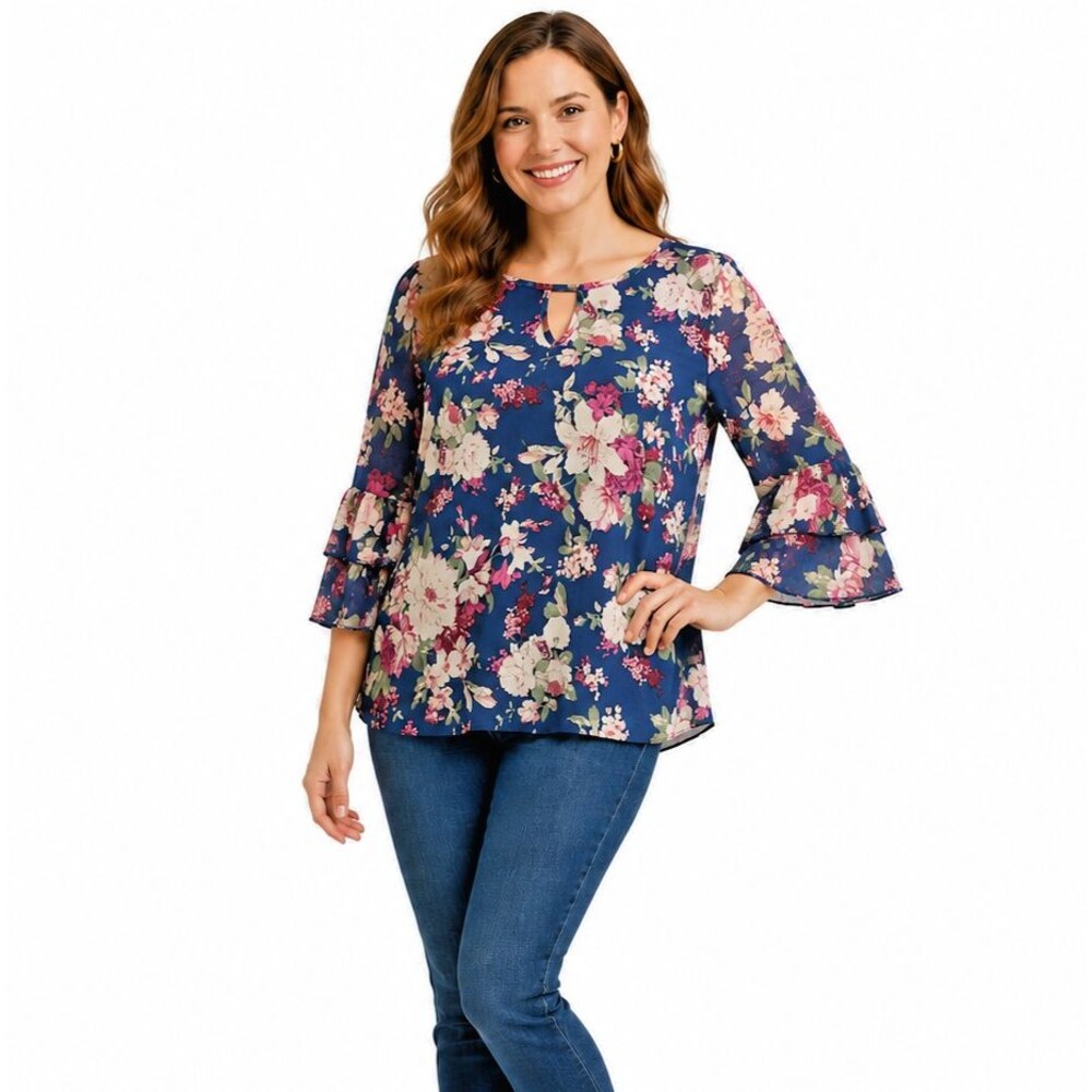 Wilde Womens Top Floral Cottagecore Boho Sheer Overlay Bell Tiered Sleeve Large